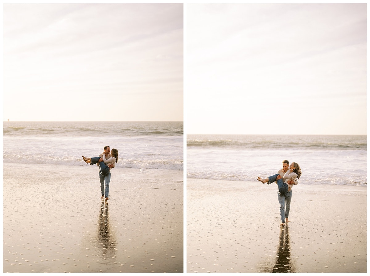 couple playing during engagement session at baker beach