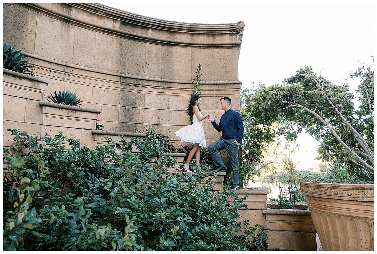 couple during engagement session at palace of fine arts