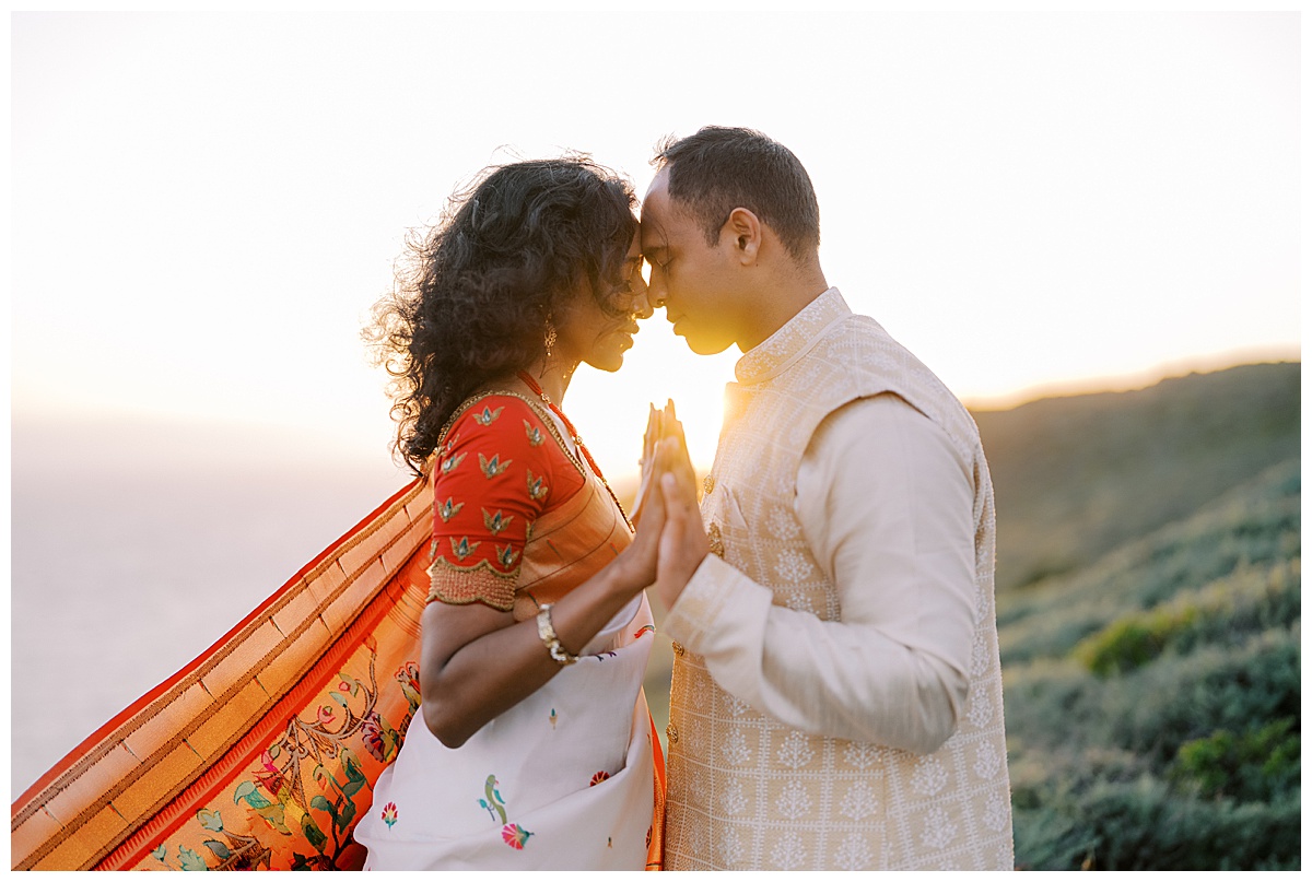 indian couple embracing at sunset during Bay Area engagement session