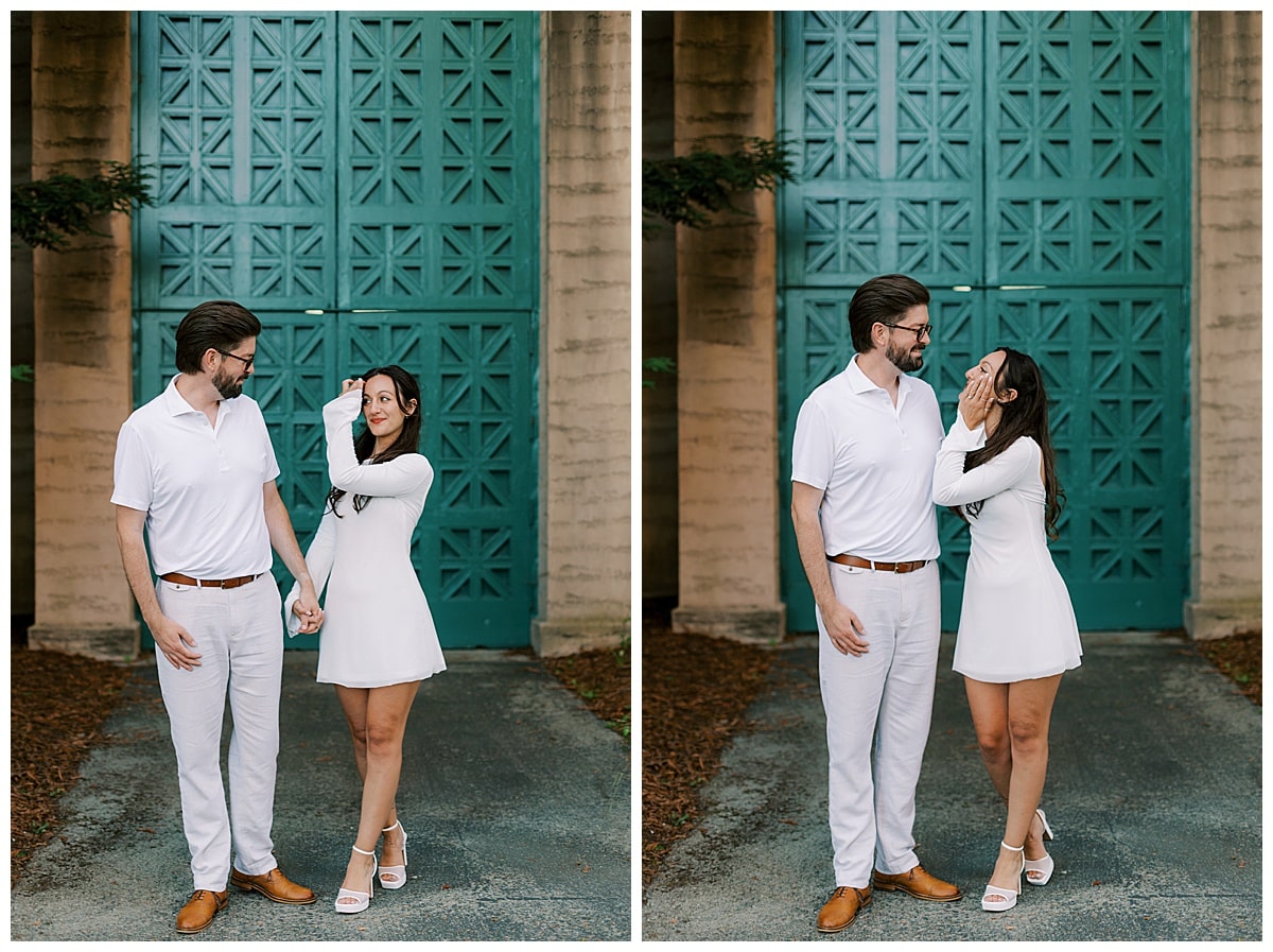 couple posing during engagement session at palace of fine arts