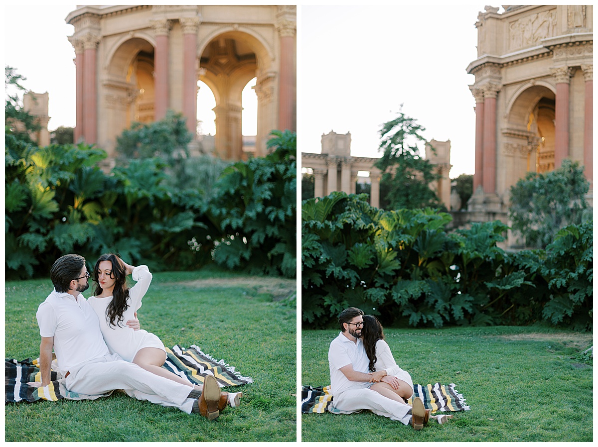 couple sitting on blanket at palace of fine arts