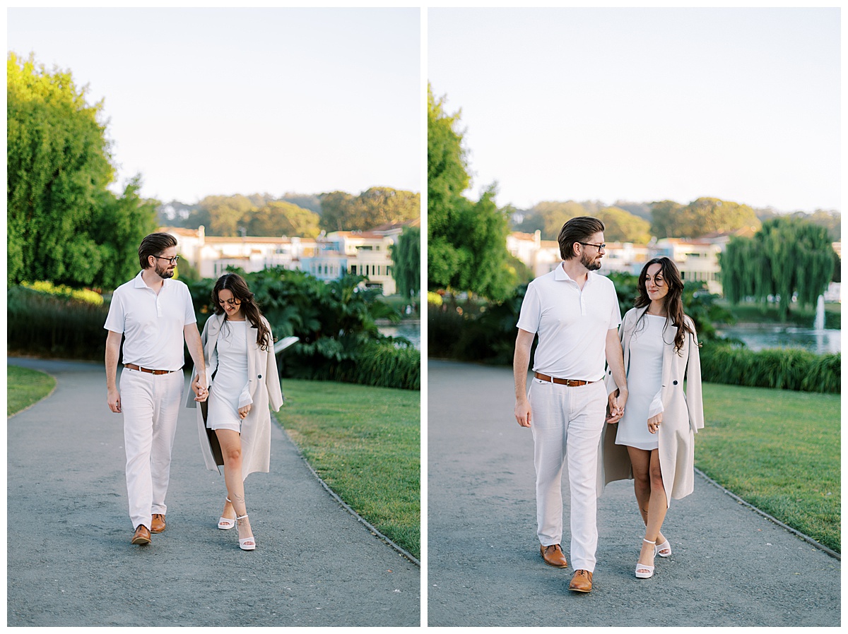 couple walking at palace of fine arts during engagement shoot